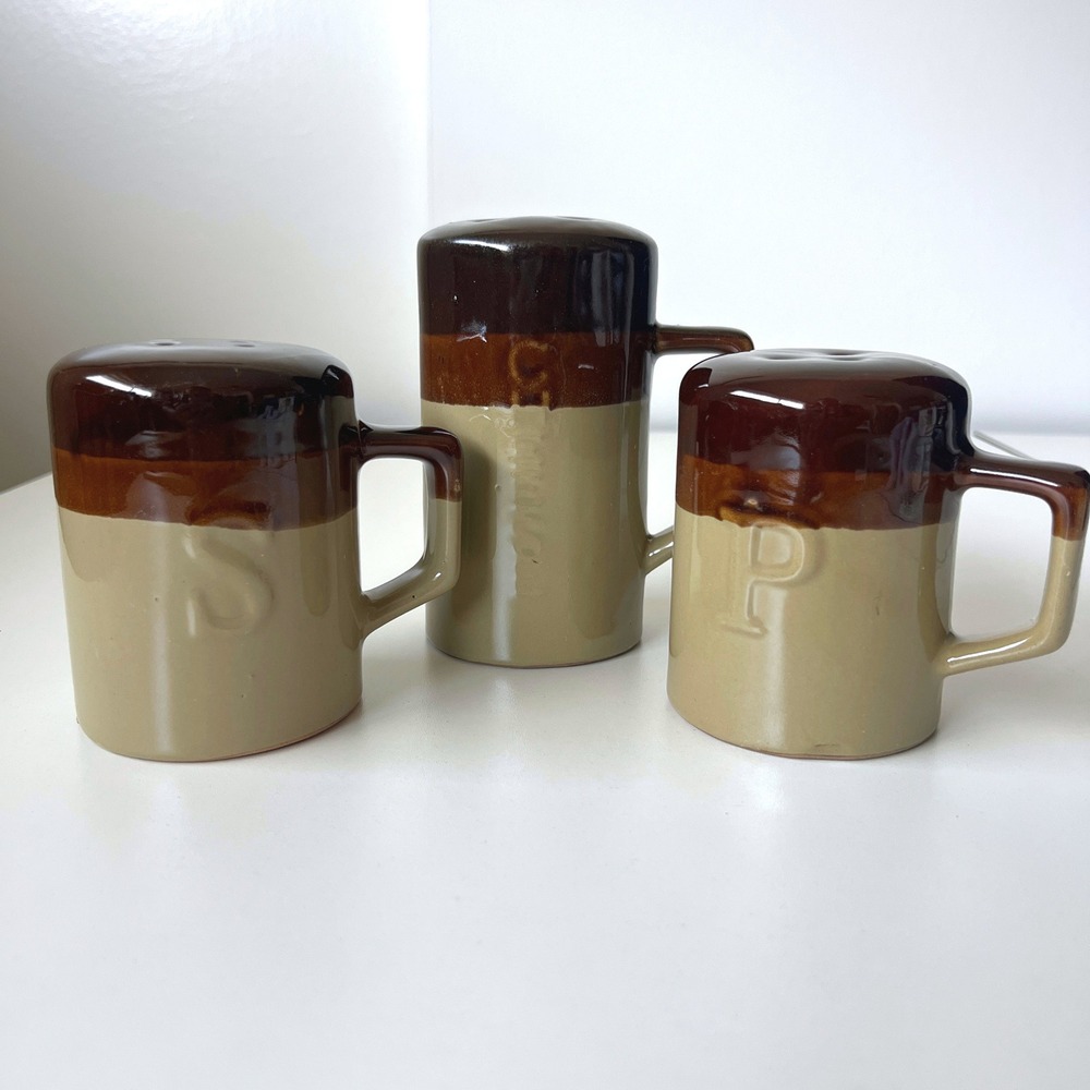 Vintage Taiwan Stoneware Salt Pepper Cheese Shaker Set Brown Tan Style 90727